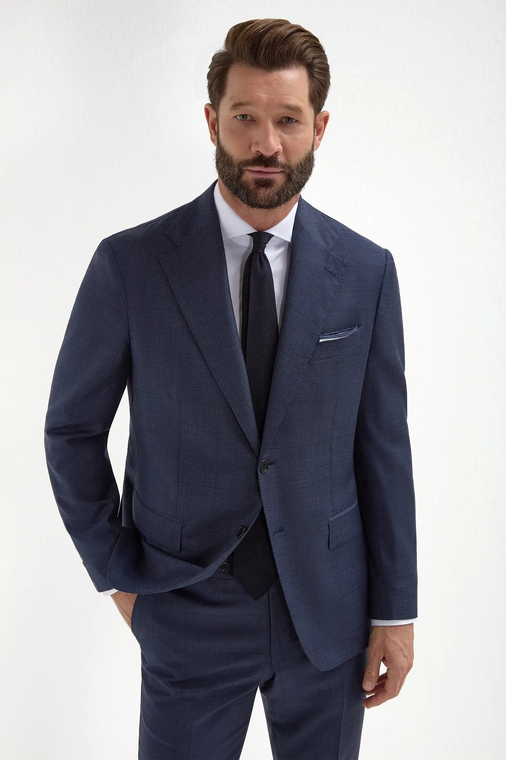 Blue Avio Prince of Wales Full Canvas suit - Made in Italy
