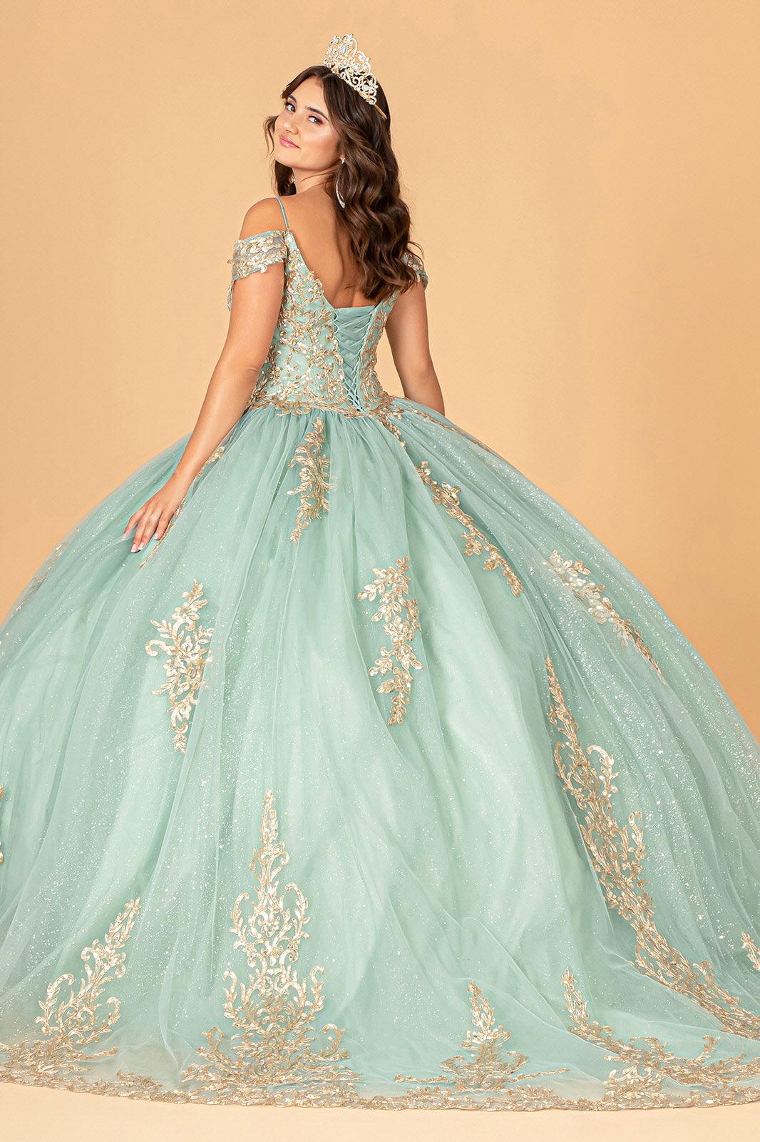 Long Off Shoulder Quinceanera Mesh Ball Gown