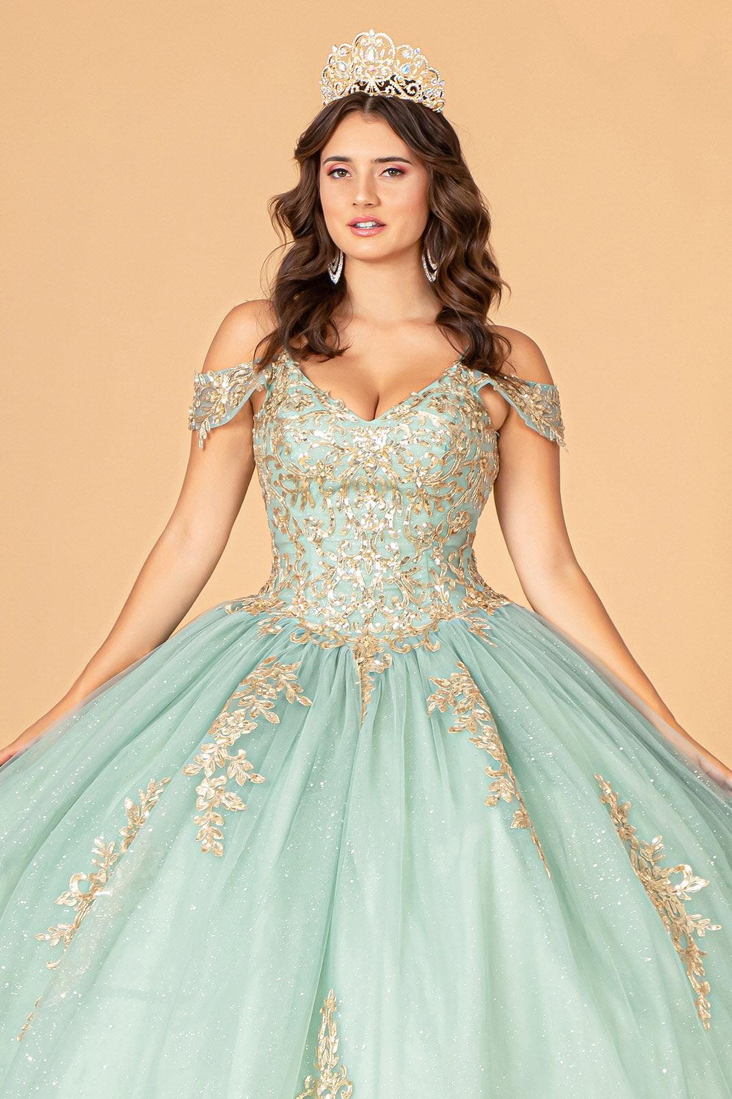 Long Off Shoulder Quinceanera Mesh Ball Gown
