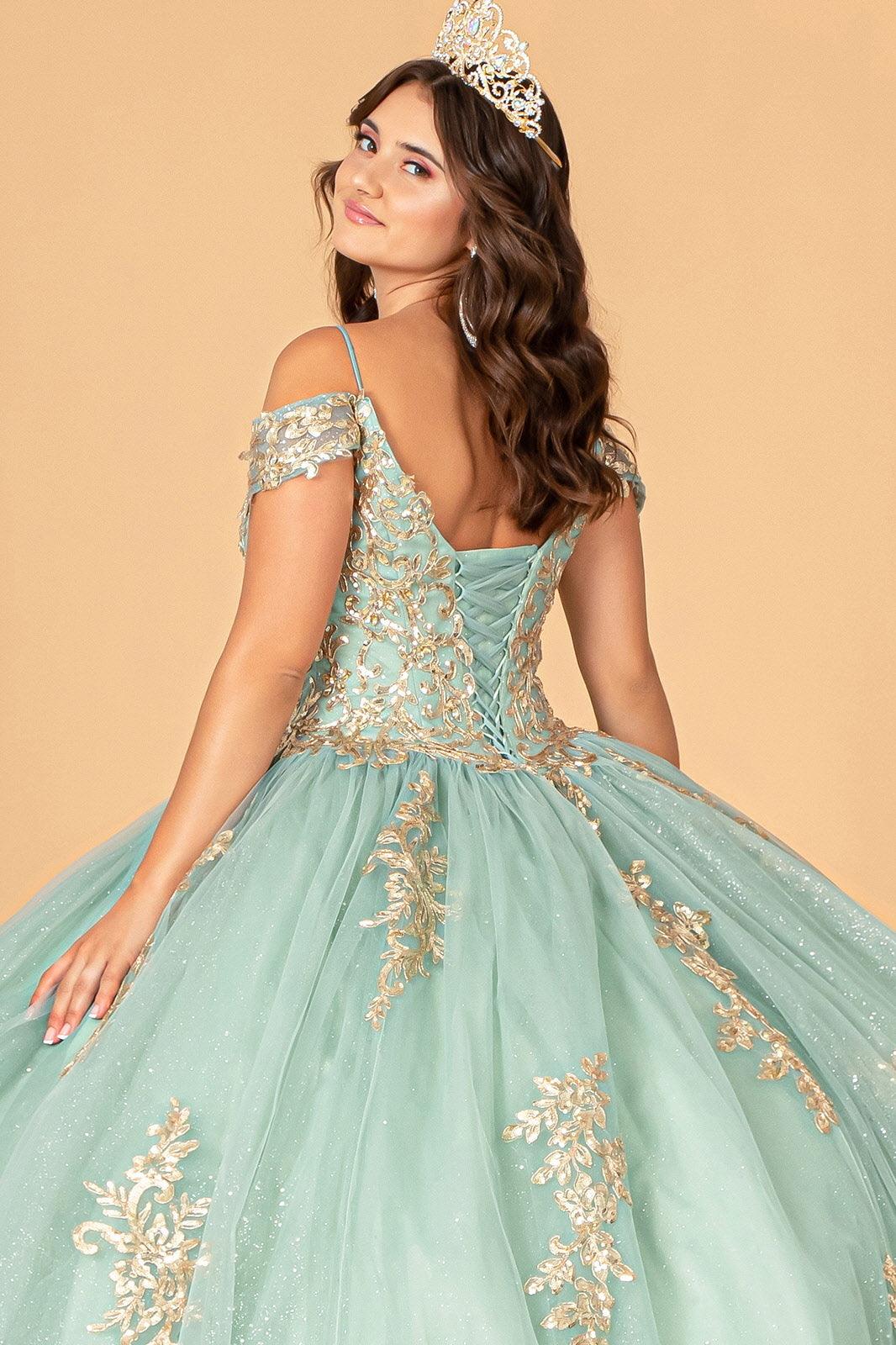 Long Off Shoulder Quinceanera Mesh Ball Gown