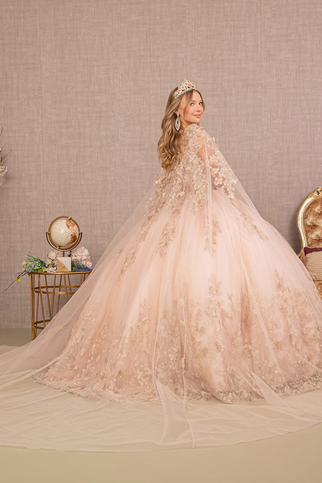 Long Ball Gown Quinceanera Cape Dress