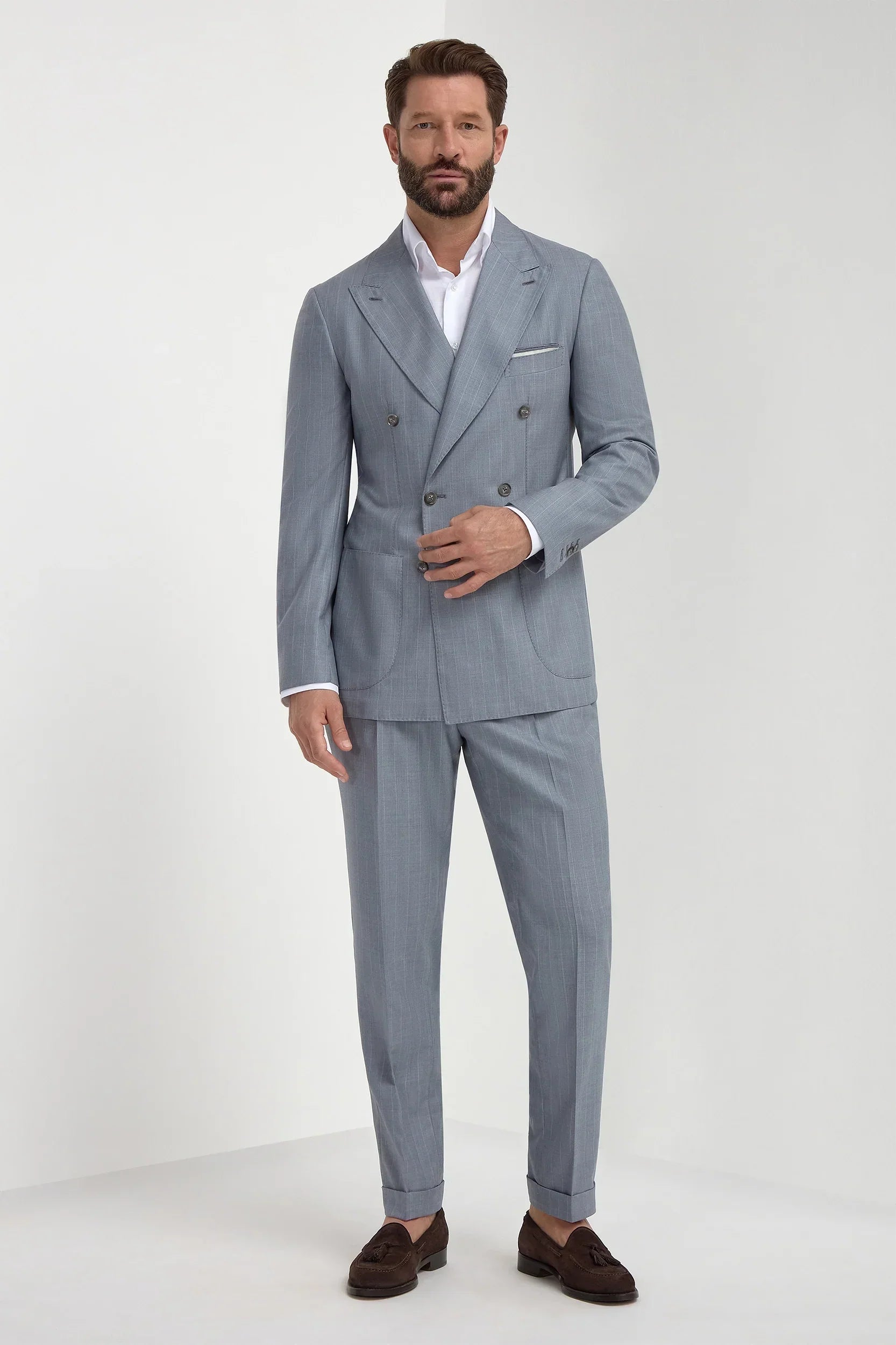 Dusty blue pinstripe double breasted Super 150's suit - Made in Italy