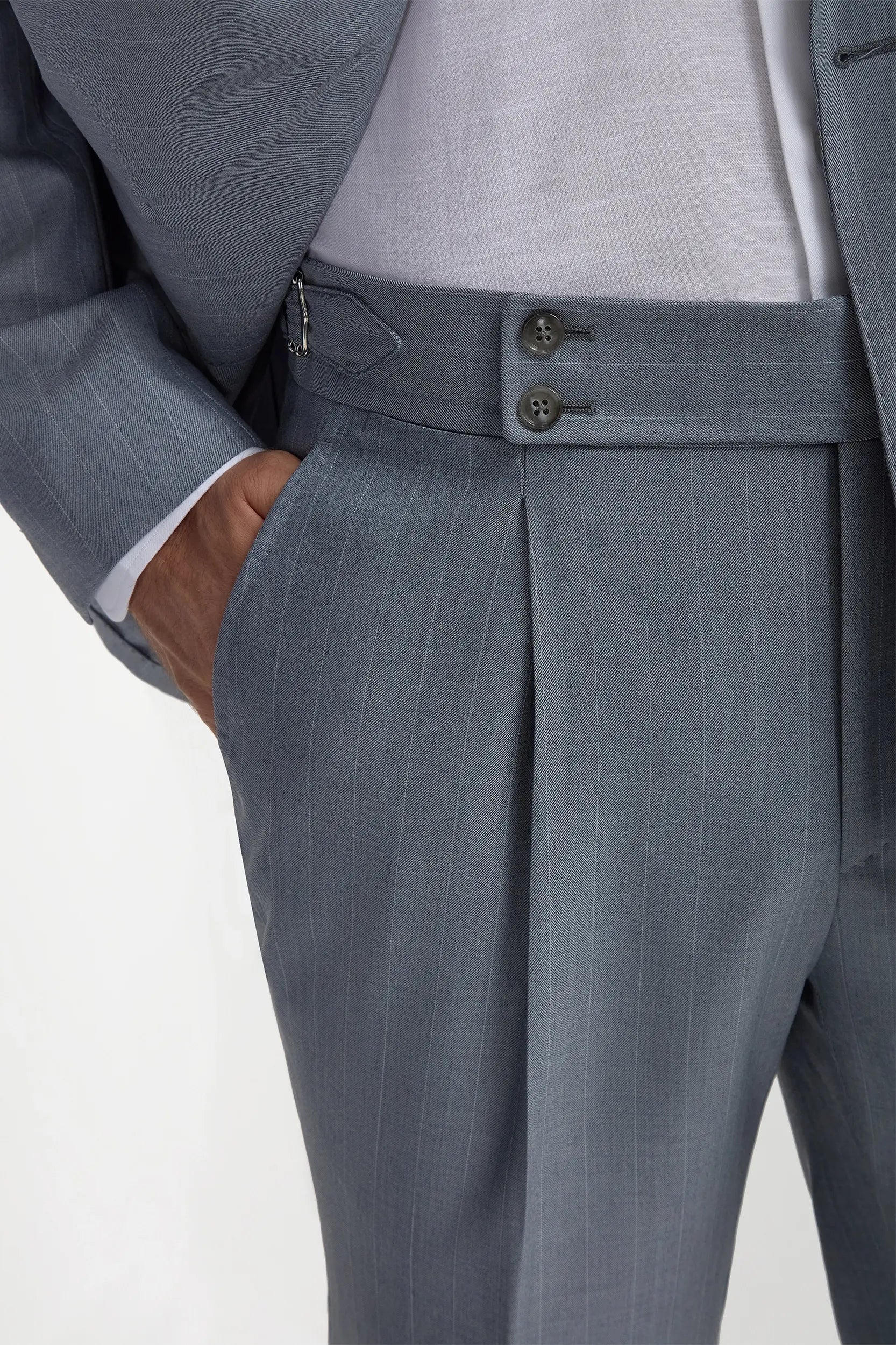 Dusty blue pinstripe double breasted Super 150's suit - Made in Italy