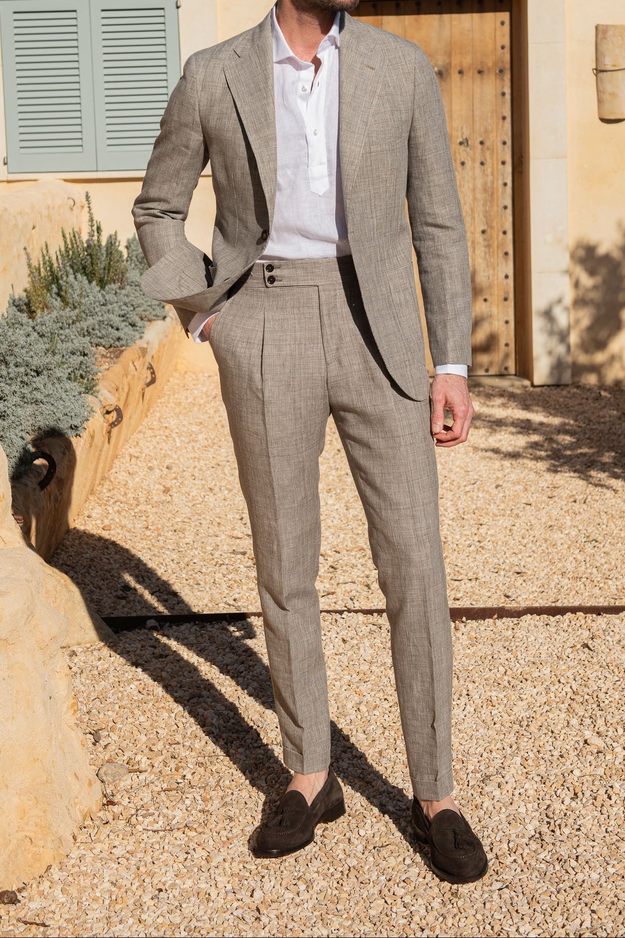 Hazelnut Prince of Wales wool and linen suit - Made in Italy