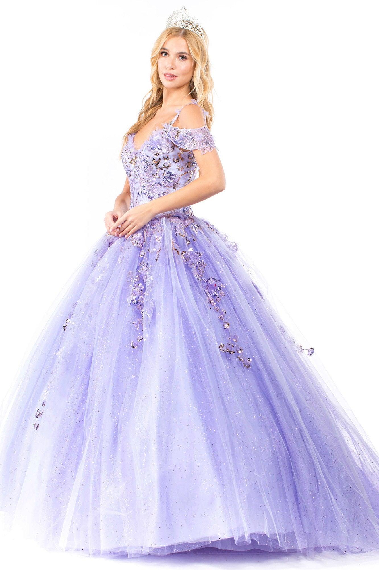 Quinceanera Cold Shoulder Long Sequin Dress
